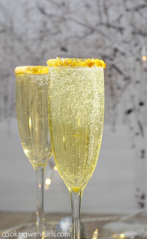 Gold Royale Cocktail | Cooking With Curls | Bloglovin’ Whipped Vodka, Gold Drinks, Edible Gold Leaf, Themed Drinks, Edible Gold, Fancy Drinks, Champagne Cocktail, Vodka Cocktails, Gold Cocktail