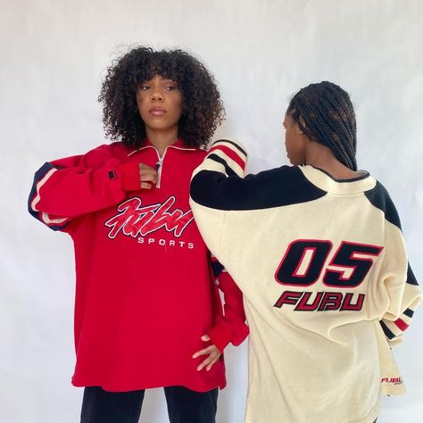 Camera Clothing on Instagram: “For Us By Us❤️ Pictured: Fubu Sweater (both have been sold) Models: @trea.sur.e @onlyoneemely #fubu #boston #resell #blackbusiness…” Fubu Aesthetic, 90s Style Black Women, Fubu Clothing, Fubu 90s, 90's Fashion, Street Fashion Men Streetwear, 90s Outfit, Fashion Aesthetics, Sports Basketball