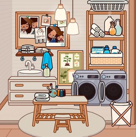 Cute Laundry Room Ideas Toca Boca, Toca World Modern Mansion Laundry Room, Toca Life World Aesthetic Laundry Room, Toca Boca House Laundry Room, Toca Boca Wash Room Ideas, Toca Boba Bedroom Ideas, Laundry Room Design Toca Boca, Aesthetic Laundry Room Toca Boca, Laundry Ideas Toca Boca