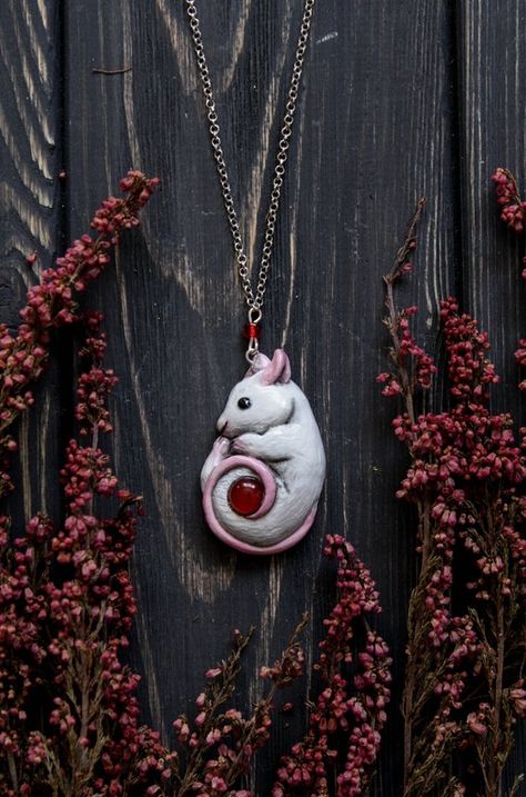 Mouse Jewelry, White Rat, Polymer Clay Owl, Mouse Necklace, Raven Necklace, White Mouse, Kawaii Jewelry, Polymer Crafts, Owl Necklace