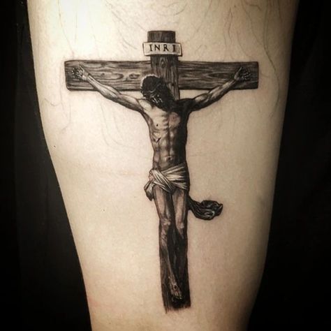 Do you have a cross tattoo, or are thinking about getting one? Get inked with Ink-Match😍 #tattoo #tattoos #ink #inked #art #tattooartist #tattooart #tattooed #tattoolife #love #tattooideas #artist #tattoogirl #inkedgirls White Tattoo Cross, Jesus Cross Tattoo, Jesus Tattoo On Arm, Cross Tattoo Designs For Men, The Cross Tattoo, Crucifix Tattoo, Tiny Cross Tattoo, Cross With Jesus, Small Cross Tattoo