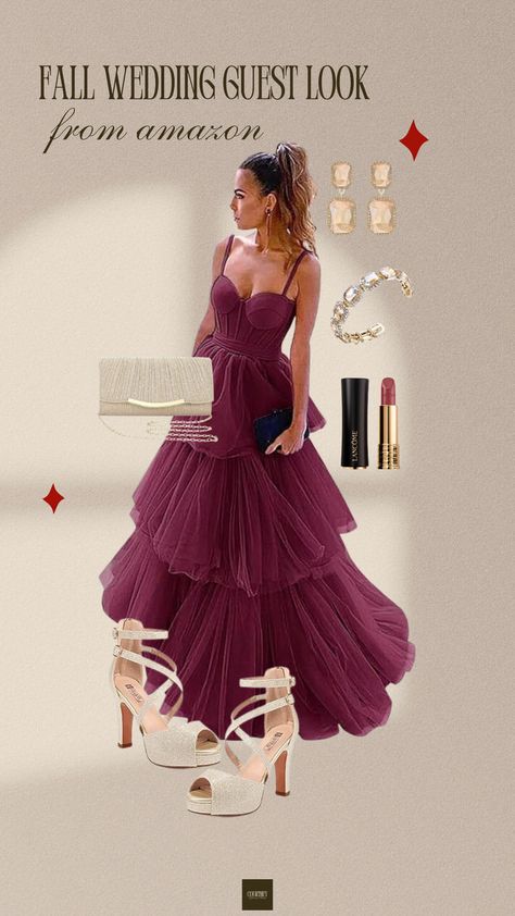 "Elegant fall wedding guest look featuring a burgundy tiered gown paired with nude heels, a gold clutch, and sparkling jewelry. A chic and affordable outfit option from Amazon for a fall wedding. Wedding Guest Dress Styles, Wedding Guest Dress Ideas, Dress From Amazon, Elegant Fall Wedding, Burgundy Gown, Budget Friendly Wedding, Fall Wedding Guest, Fall Wedding Guest Dress, Guest Attire