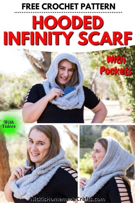 Learn to Crochet a Hoodie Infinity Scarf with Pockets as a free pattern and lots of video tutorials to make this easy pattern with bulky yarn and basic crochet stitches. Hooded Infinity Scarf, Crochet Hooded Cowl, Scarf With Pockets, Crochet Scarf Shawl, Infinity Scarf Pattern, Crochet Hoodie, Crochet Cowls, Crochet Hat Free, Crochet Scarfs