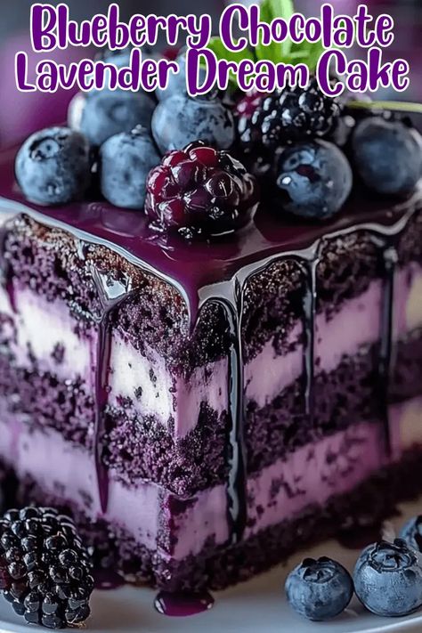 Blueberry Chocolate Lavender Dream Cake White Chocolate Blueberry Lasagna, Blueberry Chocolate Lavender Dream Cake, Blueberry Filling For Cake, Lavender Dessert Recipes, Lavender Cake Recipe, Berry Glaze, Lavender Wedding Ideas, Chocolate Bundt Cake Recipe, Purple Velvet Cakes