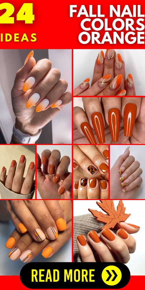 Step into the allure of fall nail colors orange with our collection. From short gel nails to long acrylic designs, we've got every trend covered this autumn.Discover the charm of fall nail colors orange this season. Our gallery features everything from cute French tips to vibrant neon styles, perfect for a fresh autumn aesthetic. Orange Nail Designs Fall Autumn, Pumpkin Colored Nails, Fall Nails 2023 Orange, Orange Nail Color Ideas, Gel Nail Designs Orange, Fall Orange Nails Autumn, Fall Season Nails Gel, Fall Nails 2023 Designs, Fall Orange Nails Acrylic