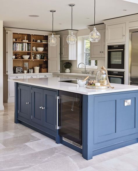 This blue shaker kitchen has been designed with family in mind, full of state of the art appliances and hidden storage solutions. Blue Shaker Kitchen, Light Floors, Open Plan Kitchen Living Room, New Kitchen Cabinets, Best Kitchen Designs, Classic Kitchen, Blue Cabinets, Kitchen Design Trends, Shaker Kitchen