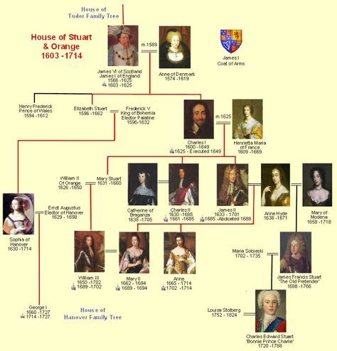 The Stuart dynasty reigned in England and Scotland from 1603 to 1714, a period which saw a flourishing Court culture but also much upheaval and instability, of plague, fire and war. It was an age of intense religious debate and radical politics. Both contributed to a bloody civil war in the mid-seventeenth century between Crown and Parliament (the Cavaliers and the Roundheads), Family Tree House, House Of Stuart, Royal Family Trees, Scottish Ancestry, James Scott, Charles Ii, English History, England And Scotland, Royal House