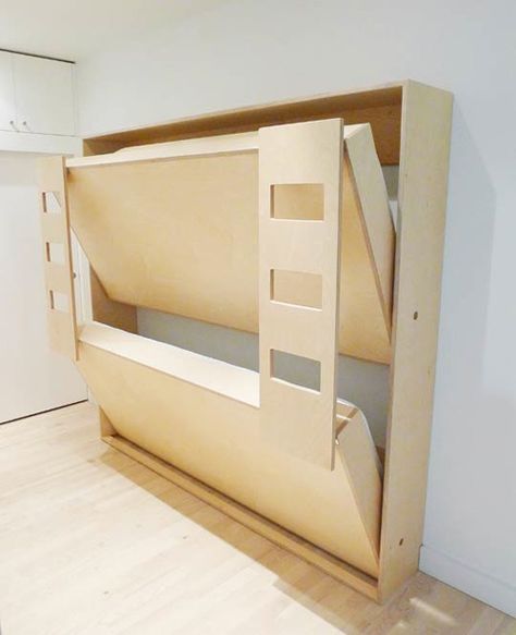 Double Murphy Bunk Beds for kids - so cool! Collapsible Bunk Beds, Murphy Bed Modern Design, Double Floor Bed, Diy Bunk Beds Plans, Murphy Bunk Beds, Space Saving Bunk Bed, Bed Setup, Små Rum Lidt Plads, High Bed