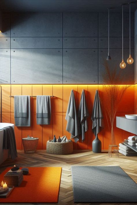 Invigorate your senses with this energizing orange and cool grey contrast. A perfect balance of warm and cool tones. #EnergizingBathroom #OrangeAndGrey Orange And Grey Bathroom, Bathroom Color Schemes, Grey Bathroom, Bathroom Color, Grey Bathrooms, Cool Tones, Interior Decor, Color Scheme, Color Schemes