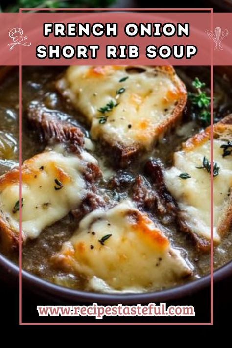 This French Onion Short Rib Soup is a hearty, comforting dish featuring tender beef short ribs and sweet caramelized onions, topped with cheesy Gruyère toast. Perfect for cozy nights, it warms both body and soul. Tender Beef Short Ribs, Short Rib Soup, Rib Soup, Carmelized Onions, Short Ribs Recipe, Short Rib, Comfort Dishes, Beef Short Ribs, Beef Ribs