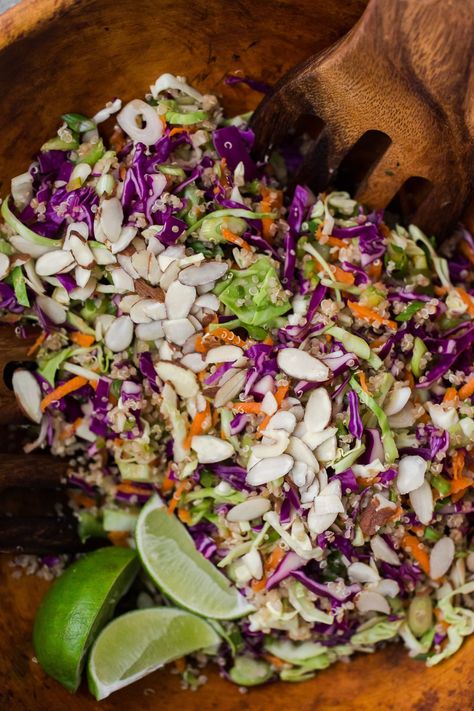 Ginger-Soy Cabbage Quinoa Slaw with Almonds | Naturally Ella Clean Salads, Ella Vegan, Slaw Salad, Vegan Coleslaw, Vegetarian Cabbage, Salad Wraps, Eat Seasonal, Cabbage Slaw, Lunch Salads