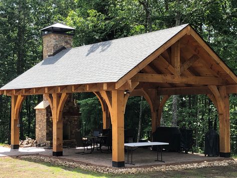 Gazebo Fireplace, Outdoor Pavilion Ideas, Pavilion Ideas, Outdoor Pavillion, Timber Frame Pavilion, Timber Frame Porch, Gazebo With Fire Pit, Home Decor 2023, Covered Backyard