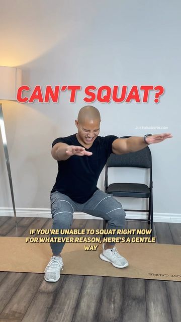 Wall Pilates Workout For Bad Knees, Squats For Beginners At Home, Sit Exercise Routine, Mobility Training For Beginners, Easy Lower Body Workout, Chair Squats, Justin Augustin, Gentle Workout, Beginner Exercises