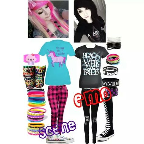 Scene vs emo - Polyvore Emo Vs Scene, Scene Kid Fashion, Scene Girl Outfits, Emo Scene Outfits, Emo Stuff, Goth Outfit, Scene Outfits, Design Shirts, Scene Fashion