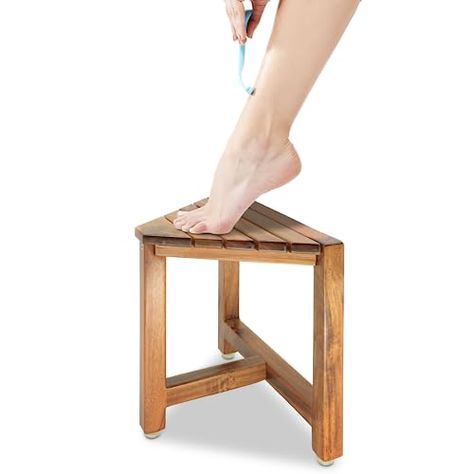 Shower Stool For Shaving, Corner Shower Bench, Teak Shower Stool, Bathroom Bench, Corner Bathroom, Small Shower, Standing Shower, Corner Plant, Bath Seats