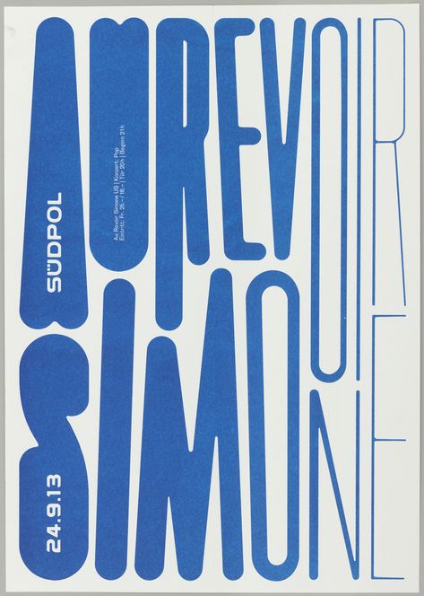 Text "AU REVOIR" and beneath it "SIMONE" is printed in blue letters.  As the letters progress from left to right across the page, they become more condensed and linear. Inspiration Typographie, Illustration Design Graphique, Visuell Identitet, Typo Poster, Graphisches Design, 타이포그래피 포스터 디자인, Typographic Poster, Type Posters, Typographic Design