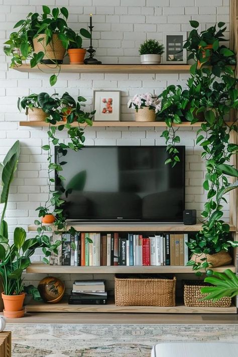 Floating Shelves Ideas Around TV for Stylish Decor Tv Mount With Shelves, Wall Shelves Living Room Above Tv, How To Display Tv In Living Room, Bedroom Wall Tv Ideas, Shelves Surrounding Tv, Above Tv Storage, Living Room Designs Shelves, Living Room Tv Wall With Shelves, Open Shelving Around Tv