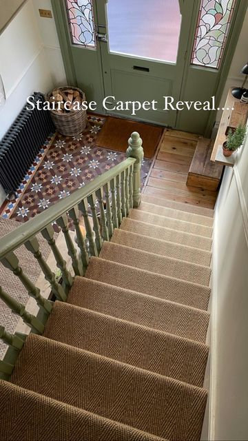 Painted Stairs Carpet Runner, Carpet Staircase Ideas, Staircases With Runners, Herringbone Sisal Stair Runner, Sisal Stairs, Stair Carpeting, Staircase Rug, Sisal Carpet Hallway, Carpeted Stairs Makeover