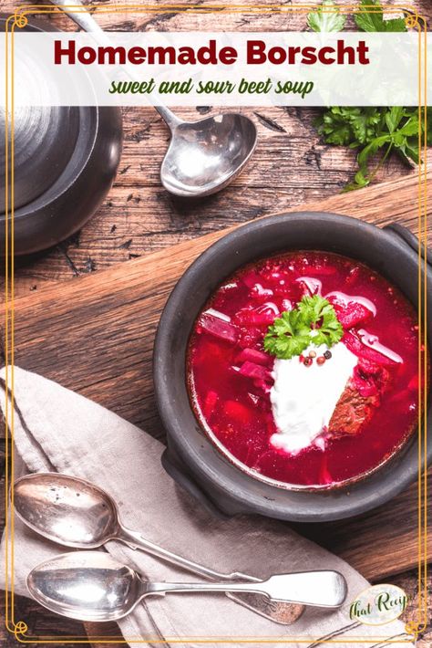 Homemade Borscht recipe. Make this traditional Russian beet soup at home to warm you up on a cold winter's night or serve it chilled to cool off in the summer time. #russianrecipe #borscht #beetrecipe #soup #beetsoup #thatrecipeblog Beet Soup Recipes, Borscht Recipe, Beet Soup, Beet Recipes, Hearty Meal, Vegetable Soup Recipes, Russian Recipes, Main Courses, Hearty Meals