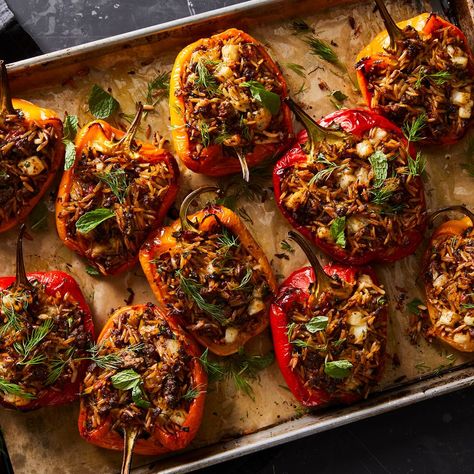 Stuffed Peppers With Lamb, Orzo & Halloumi  recipe on Food52 Lamb Orzo, Best Stuffed Pepper Recipe, Polenta Pizza, Cooking With Ground Beef, Ground Lamb, Manchego, Roasted Peppers, Peppers Recipes, Just Cooking