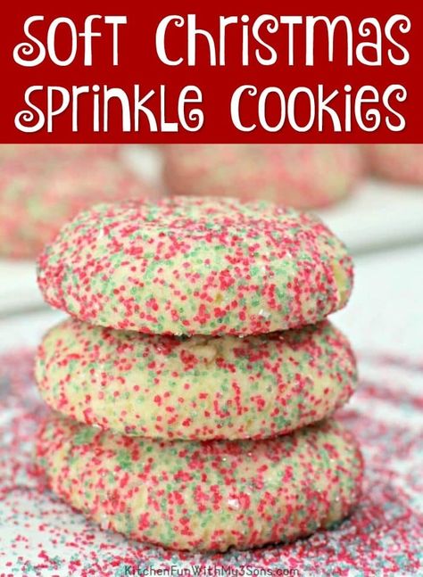 Soft Christmas Sprinkle Cookies - Kitchen Fun With My 3 Sons Kitchen Fun With My 3 Sons Cookies, January Cookies, Sugar Sprinkle Cookies, Christmas Sprinkle Cookies, Sprinkle Sugar Cookies, Christmas Sugar Cookie Recipe, Christmas Cookie Recipes Holiday, Easy Cookie Recipe, Christmas Yummies