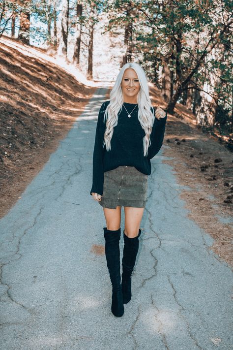 Fall Outfit Inspo | Black Velvet Sweater with Olive Green Skirt and Over The Knee Boots | Olive Green Skirt Outfit | Black Sweater Outfit | Sweater Outfit | Over The Knee Boots and Skirt Outfit | Olive Green Skirt Outfit Fall, Green Olive Outfit, Green Outfit Winter, Olive Green Skirt Outfit, Skirt Green Outfit, Olive Outfit, Suede Skirt Outfit, Green Skirt Outfits, Corduroy Skirt Outfit