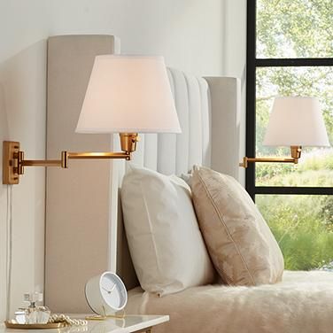 Clement Warm Gold Swing Arm Plug-In Wall Lamps Set of 2 Plug In Wall Lamp, Gold Plugs, White Light Fixture, Wall Lamp Design, Wall Sconces Bedroom, Wall Mounted Lamps, Sconces Bedroom, Lamp Sets, Wall Lamps