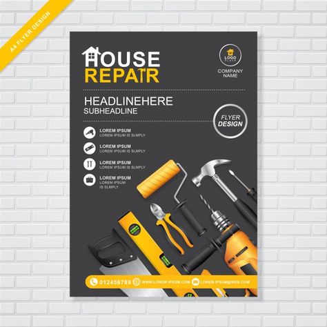 Construction tools cover a4 design templ... | Premium Vector #Freepik #vector #background #infographic #banner #brochure Social Media Design Post, Creative Social Media Design, Lorem Ipsum Design, Leaflet Layout, A4 Design, Handyman Logo, Catalog Design Layout, Banner Design Inspiration, Construction Tools