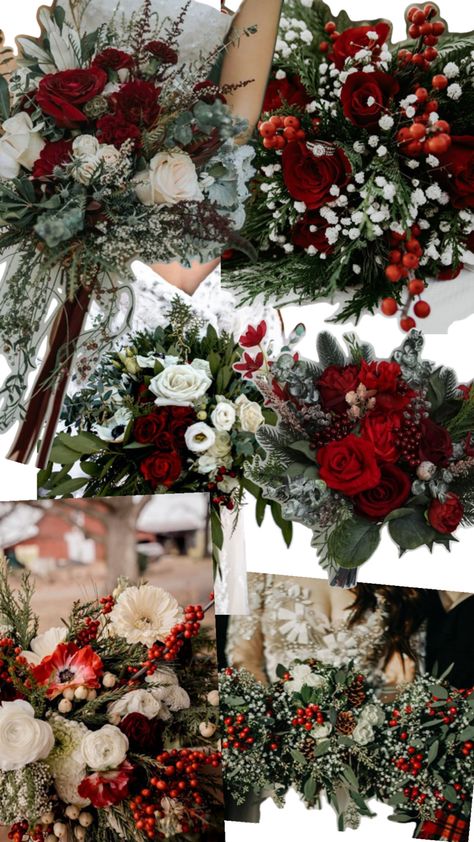 Winter Theme Flower Arrangement, Red White Green Wedding Theme, Winter Wonderland Bouquet, White Green Wedding Theme, Poinsettia Bouquet, White Green Wedding, Green Wedding Theme, Renewing Vows, Wedding April