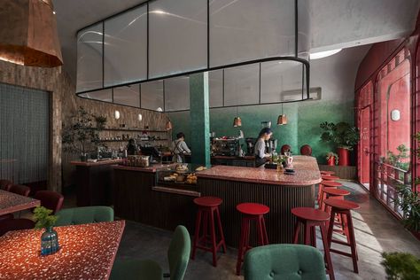 Red Coffee Shop, Terrazzo Bar, Hue Lights, Retro Cafe, Wide Windows, Old Bricks, White Ceiling, House Drawing, Noble House