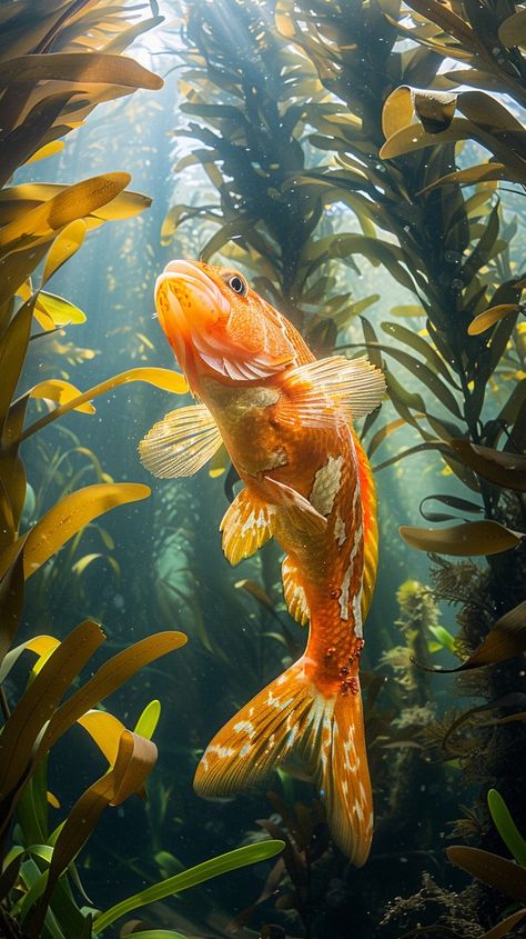 Vibrant #underwater fish: A #vibrant orange fish #swims gracefully among tall green #seaweed in a clear sunlit #underwater setting. #underwater #fish #seaweed #orange #vibrant #aiart #aiphoto #stockcake ⬇️ #Download and 📝 #Prompt 👉 https://stockcake.com/i/vibrant-underwater-fish_862578_1079036 Sea Fish Photography, Fish Under Water, Fish Image, Fish In Water, Blue Tang Fish, Fish Photo, Marine Landscape, Underwater Plants, Underwater Ocean