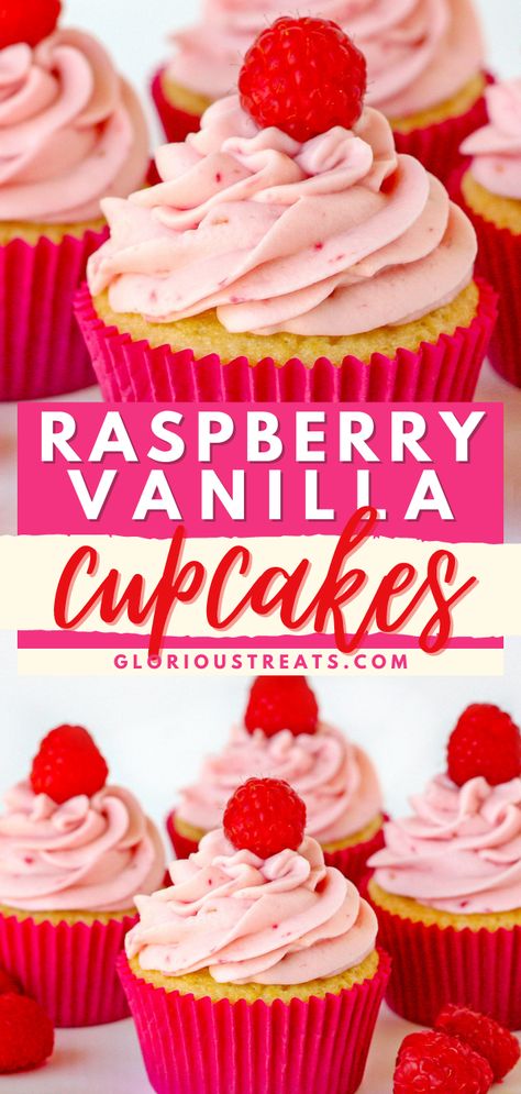 Raspberry Vanilla Cupcakes, Valentine's dessert ideas, Valentine treats Raspberry Filled Cupcakes, Raspberry Cupcake Recipes, Lemon Raspberry Muffins, Raspberry Buttercream Frosting, Vanilla Desserts, Raspberry Frosting, Fun Cupcake Recipes, Raspberry Cupcakes, Raspberry Buttercream