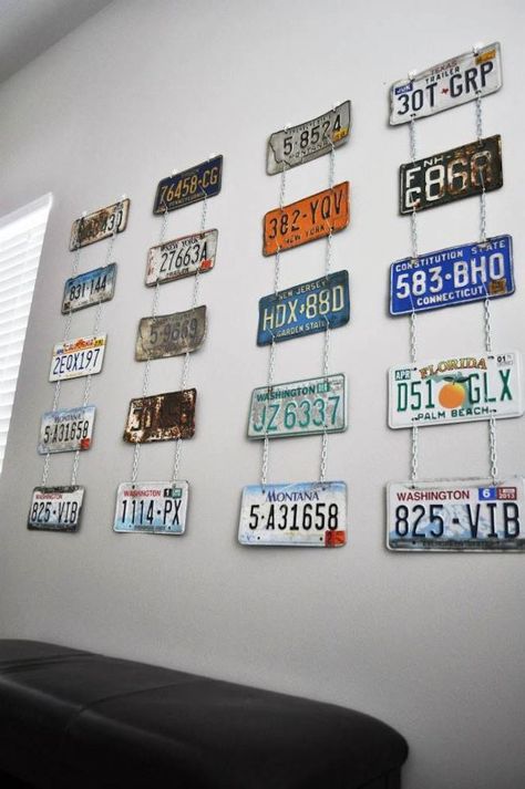 Car Guy Room Ideas, Garage Decor Ideas, License Plate Wall Decor, License Plate Ideas, Car Themed Rooms, License Plate Decor, Car Room Decor, License Plate Wall, License Plate Crafts