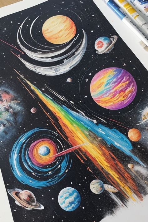 A fantastic view of outer space A breathtaking view Ol 4 Planet Colored Pencil, Drawing With Oil Pastels, Paint Book, Outer Space Art, New Planet, Planet Drawing, Planet Colors, Oil Pastels, Painted Books