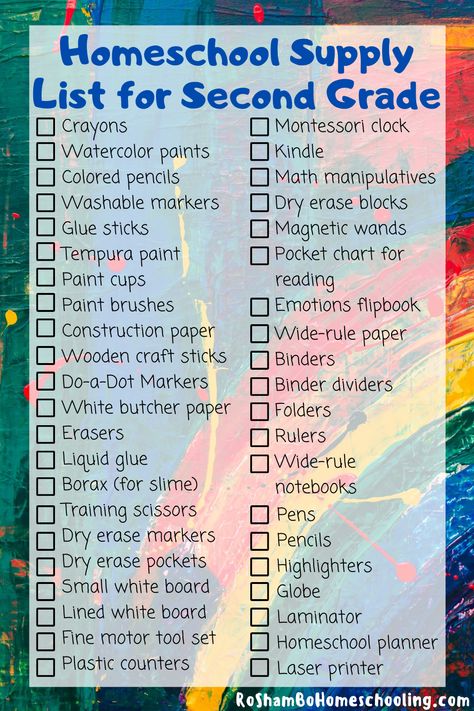 Get ready for back to school! Click the link for a printable list of all the homeschool supplies you need for your second grader next year. #homeschooling Homeschool Supply List, Preschool Supply List, Middle School Homeschool, Back To Homeschool, Homeschool Room Organization, Preschool Supplies, Homeschool Middle School, Homeschool Preschool Curriculum, Homeschool Preschool Activities