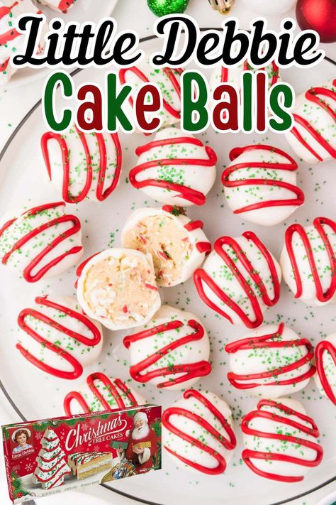 Little Debbie Christmas Cake Balls are the perfect 3-ingredient holiday treat! Easy, chocolate-coated truffles decorated with festive sprinkles. #HolidayBaking #ChristmasTreats #EasyDesserts Little Debbie Cake Balls, Holiday Sweets Recipes, Christmas Cake Balls, Homemade Holiday Treats, Little Debbie Snack Cakes, Holiday Party Treats, Debbie Snacks, Cake Ball Recipes, Christmas Cake Pops