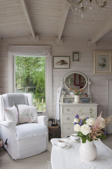 Summerhouse Interiors, Summerhouse Interiors Ideas, Summer House Interior, Sunroom Decor, Summer House Interiors, Grey Ceiling, White Armchair, Garden Cabins, Period Living