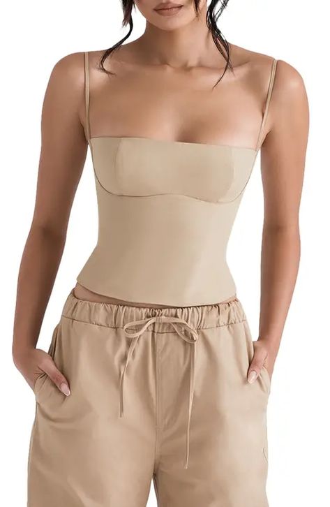 Square Neck Bustier Top, House Of Cb Corset Top, Linen Corset Top, 100% Cotton Clothing Women, House Of Cb Outfits, Square Neck Top Outfit, Square Corset, Beige Corset Top, Square Neck Corset Top