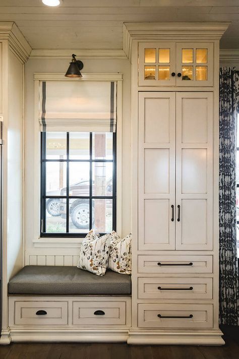 Glazed White Cabinets in Benjamin Moore White Dove with Vandyke glaze | Alicia Zupan Vstupná Hala, Farmhouse Storage Cabinets, Mudroom Entryway, Laundry Mud Room, In The Corner, Mud Room, Remodel Bedroom, Window Seat, White Cabinets