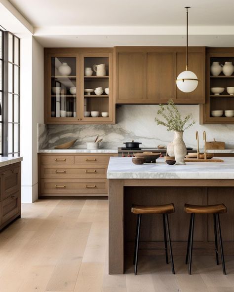 KITCHEN INSPIRATION: darker wood cabinetry & super veiny marble countertops with matching backsplash & white oak floors. Love this color… | Instagram Veiny Marble, Backsplash White, Transitional Decor Kitchen, White Oak Floors, Oak Kitchen, Kitchen Marble, Kitchen Inspiration Design, Transitional Decor, Kitchen Remodel Idea