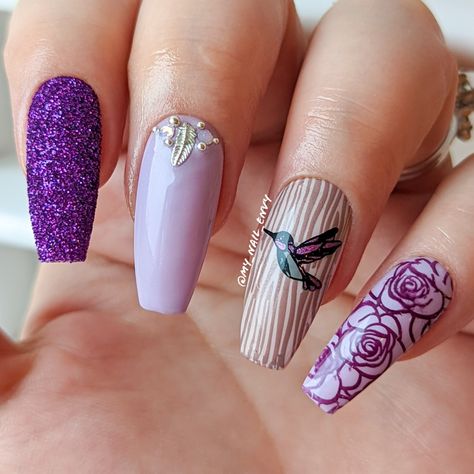 #nailart #nailstagram #instanails #notd #nails #manicure #nailsoftheday #nailsofinstagram #nailspafeature #nailitdaily #nailspiration #cutenails #nailedit #naildesigns #naildesign #nailsit #nailpromote #nailporn #nailswag #nailartist #nailtrend #trendingnails #nailsonfleek #nailfie #purple #glitter #bird Hummingbird Nail Designs, Hummingbird Nails, Bird Nails, Humming Bird, Uñas Acrilicas, Nails Manicure, Purple Glitter, Nail Spa, Nails On Fleek