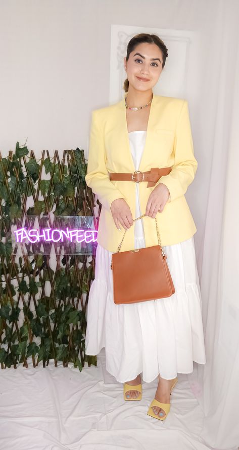 White frock kurti paired with Yellow Blazer and matched with square toe yellow heels (illuminating) completing the look with tan accessories. #whitekurti #yellowblazer #zarablazer #indianoutfit #whitesummerdress #summerdress #whitedress #brownbag #brownsatchel #tanhandbag #tanbelt #yellowheels #squaretoeheels #heels #blazers #outfitideas #indianoutfitidea #lookoftheday #chicoutfitideas #whitefrockkurti #anarkali Kurta Styling, Tan Accessories, White Frock, Yellow Blazer, Yellow Heels, Tan Handbags, Ootd Ideas, Zara Blazer, Ethnic Looks