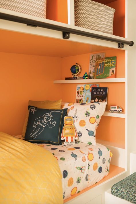 21 of the Absolute Best Paint Colors for Kids' Rooms Orange Playroom, Boys Bedroom Orange, Orange Boys Rooms, Orange Kids Rooms, Kids Room Paint Colors, Colorful Kids Bedroom, Boys Bedroom Colors, Bright Kids Room, Boys Bedroom Paint