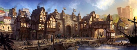 Fantasy Town, Fantasy Background, Level Design, Fantasy City, Fantasy Castle, Fantasy Setting, Fantasy Places, Landscape Scenery, Medieval Town