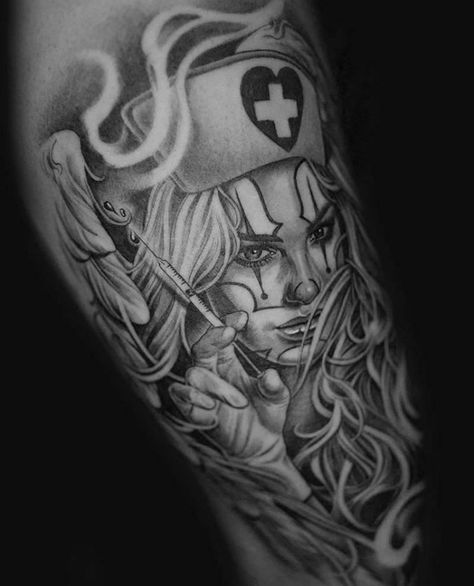 Nurse Portrait Tattoo, Skeleton Nurse Tattoo, Nurse Sleeve Tattoos For Women, Nurse Tattoo Ideas Sleeve, Nursing Tattoo Ideas, Nurse Tattoo Sleeve, Medical Tattoo Nurse, Broke Leg, Phoenix Tattoo Sleeve