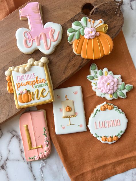 Little Pumpkin Is Turning One, Pumpkin 1st Birthday Cookies, 1st Birthday Cookies Decorated, Pumpkin First Birthday Cookies, Pumpkin Birthday Cookies, Our Little Pumpkin Is Turning One, First Birthday Pumpkin, Cactus Cookies, 27 Birthday