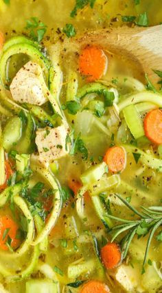 Chicken Zoodle Soup Chicken Zoodle Soup Keto, Zoodle Soup, Chicken Zoodle, Chicken Zoodle Soup, Basil Salt, Zoodle Recipes, Root Veggies, Spiralizer Recipes, Healthy Soup Recipes