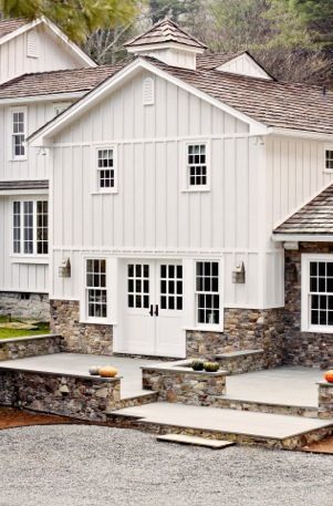 Board & batten 1 Farmhouse Exterior Design, Farmhouse Architecture, Vertical Siding, Fresh Farmhouse, Modern Farmhouse Exterior, Exterior Ideas, Exterior Stone, Farmhouse Exterior, Horse Stables