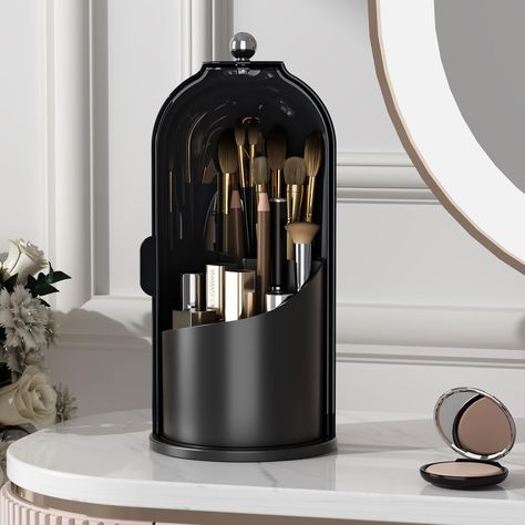 PRICES MAY VARY. Sliding Door: Makeup brush holder with lid is enclosed, so no more dust particles and bacteria landing on makeup brushes, sliding to close rather than lifting a cover from up above 360 Degrees Rotating Base: Make up brush holder organizer spins, so you can access all the items easily, the cover can stay on when brushes are removed or added 3 Different Sections: With different depths slots, makeup brush storage allows short or tall makeup brushes and small cosmetic tools to be st Makeup Brush Storage Dust Free, Best Makeup Organizer, Makeup Brush Holder Ideas, Cosmetic Organization, Makeup Organization Bathroom, Vanity Organizer, Bathroom Vanity Decor, Makeup Area, Storage Box With Lid