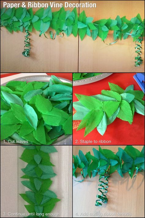 This is the vine I am going to attach the tissue paper grapes to. I used green tissue and crepe papers, cut into rough leaf shapes and stapled in groups of 5 to mesh ribbon. The mesh ribbon was saved from a flower arrangement and the green curling ribbon was left over from Christmas. Very cheap, yet very effective. Tissue Paper Vines, Tissue Paper Leaves, Paper Vines, Hunting Baby Shower Theme, Jungle Vines, Baby Shower Desserts Boy, Baby Shower Table Centerpieces, Leaves Garland, Diy Baby Shower Decorations